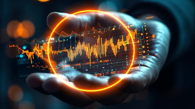 Hand Holding Orange and Blue Stock Market Chart Hologram
