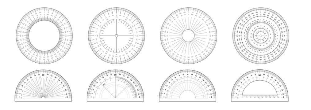 Protractor ruler set with 180 and 360-degree circular scales for precise angle measurement. protractor with ruler markings and degree coordinates, ideal for geometry and drafting
