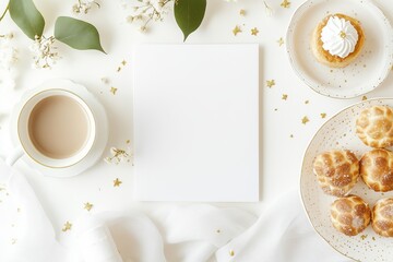 Xícara de café elegante com detalhes dourados, acompanhada de doces e decorações festivas em fundo branco, criada com IA generativa para um visual sofisticado e convidativo