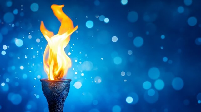 Burning Torch Against Blue Background - A vibrant of a burning torch with a detailed metallic holder set against a bokeh-filled blue background