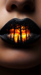 A close-up of lips with a forest fire painted on them, and the flames glow in dark tones
