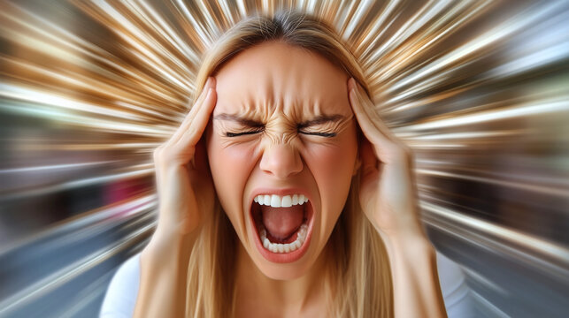 Mujer estresada gritando con efecto de velocidad en el fondo