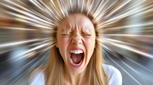 Mujer estresada gritando con efecto de velocidad en el fondo