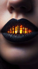 A close-up of lips with a forest fire painted on them, and the flames glow in dark tones
