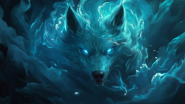 Static shot of a wolf-like creature emerging from a swirling, teal-blue energy field. Dark background, glowing blue eyes