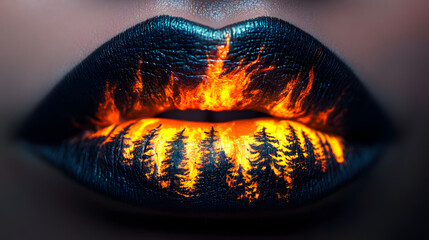 A close-up of lips with a forest fire painted on them, and the flames glow in dark tones

