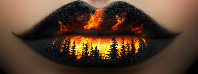 A close-up of lips with a forest fire painted on them, and the flames glow in dark tones

