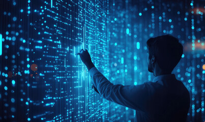 Man interacts with digital data wall, city night background; tech concept