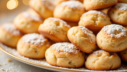 Fototapeta premium Delicious cookies topped with powdered sugar on a plate, Eid Sweets and Desserts, Eid al-Adha