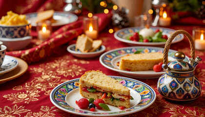 Delicious sandwich with berries on festive dinner table, Eid Sweets and Desserts, Eid al-Adha