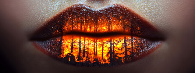 A close-up of lips with a forest fire painted on them, and the flames glow in dark tones
