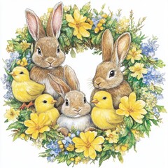 Springtime Abundance Rabbits Chicks and Blossoms