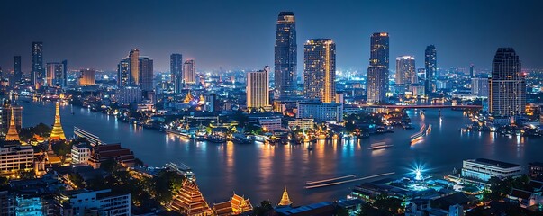 Obraz premium Cityscape with graphic network concept, featuring Bangkok, Thailand, and global connectivity