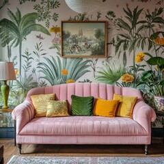 Interior of a living room with a pink sofa and green plants