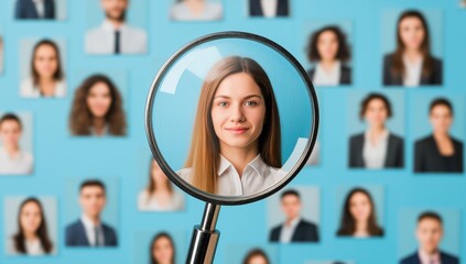 Highlighting individuality young professional under magnifying glass against business portraits background