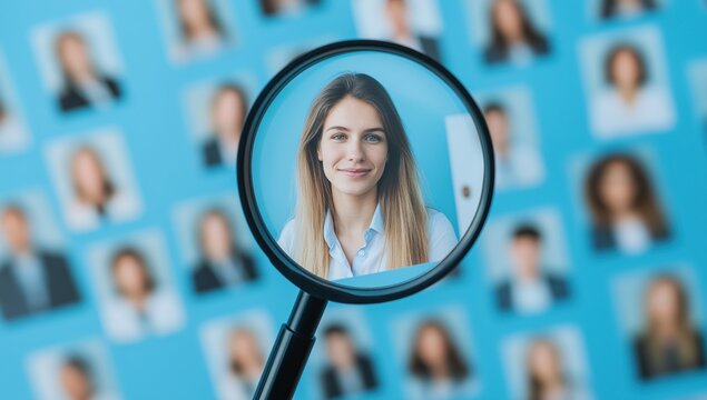 Focused analysis young woman smiling through magnifying glass against postboard of professional headshots