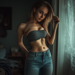 a slender girl in her apartment