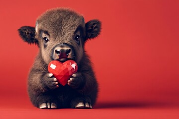 Marketing idea. Cute bison baby with diamond red heart - emblem of love, funny greeting card. Commercial concept artwork. Bison - my cherished animal. Wild animals valentines. Love in nature.
