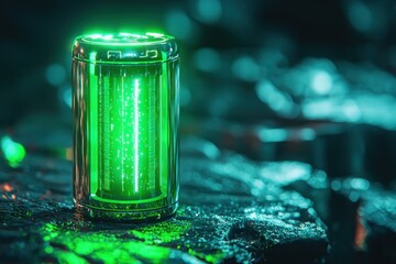 Futuristic rechargeable lithium-ion battery glowing in neon green, symbolizing high-capacity energy storage.