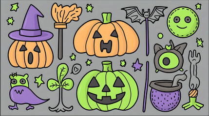 Halloween cartoon pumpkins, witch hat, and spooky elements on grey background; perfect for seasonal greeting cards or party invitations