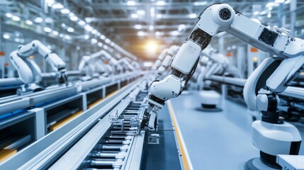Naklejka premium Industrial Robotic Arm Working on Production Line in Modern Factory