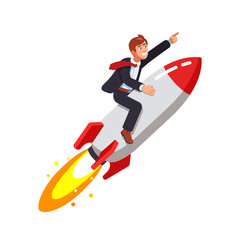 Businessman on a rocket on a transparent background. Flat style vector illustration clipart