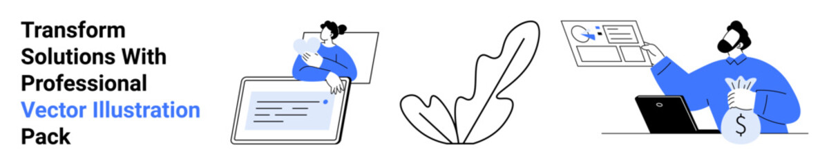 People working on laptops and online platforms, illustrating productivity, finance, and innovation. Ideal for technology, teamwork, finance, productivity, business tools innovation flat landing