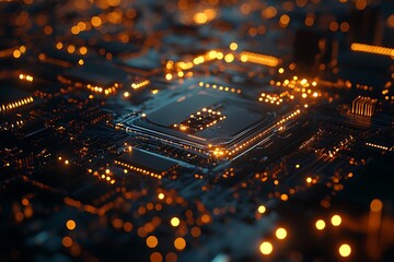 a microprocessor chipset on an illuminated circuit board, representing cyber technology, AI, and electronics in a futuristic setting