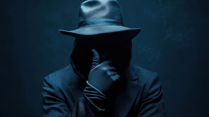Silhouette of a man in a hat with his face hidden. Hacker spy. Dark web, hacking, scam project fraudulent cheater concept.