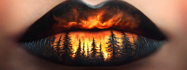 A close-up of lips with a forest fire painted on them, and the flames glow in dark tones
