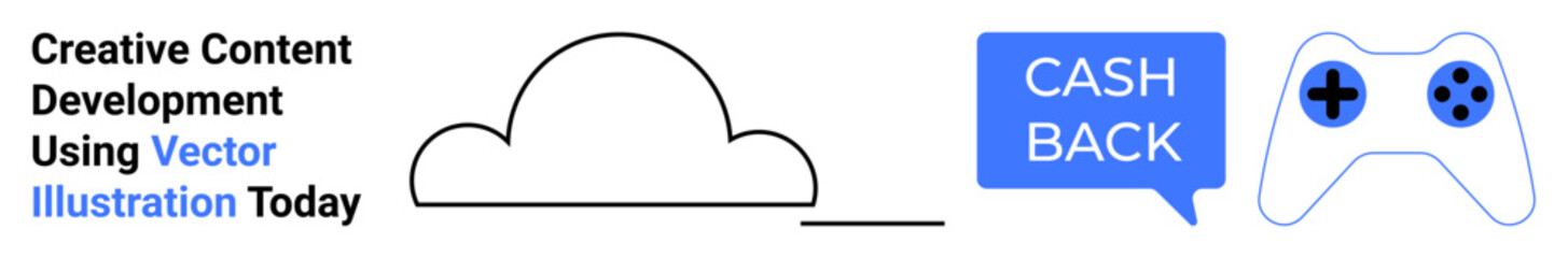 Cloud icon, cashback chat bubble, gaming controller emphasizing digital processes, rewards, and entertainment. Ideal for finance, technology, gaming, cashback promotions digital marketing cloud