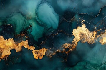 Mystic Liquid Abstract Background with Dark Green and Gold Streaks
