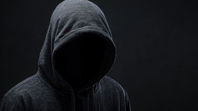 Silhouette of a hooded man on a dark background. The face is hidden. Computer hacker spy. Hacker attack, virus infected software, dark web, scam project fraudulent cheater concept.
