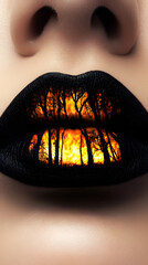 A close-up of lips with a forest fire painted on them, and the flames glow in dark tones
