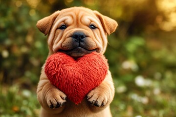 Obraz premium Marketing critter conceptual art. Chinese shar-pei - my treasured dog, symbol of friendship. Cute chinese shar-pei pup with fluffy red heart on a walk in a spring green space. Romantic pet.