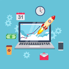 Business start up, a lot of work done, back color.  Flat style vector illustration clipart