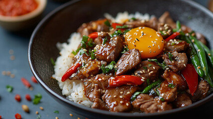 Fototapeta premium Korean-British fusion dish showcases vibrant flavors and minimalist plating