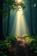 Fototapeta premium Sunbeams pierce dense fog, illuminating misty forest path, rays, mystical, view