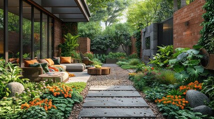 Obraz premium Lush garden path leads to modern patio with comfortable seating amidst vibrant foliage and brick walls.