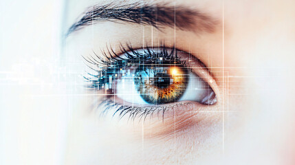 A futuristic close up of a human eye with digital data overlay symbolizing artificial intelligence technology surveillance and cyber security
