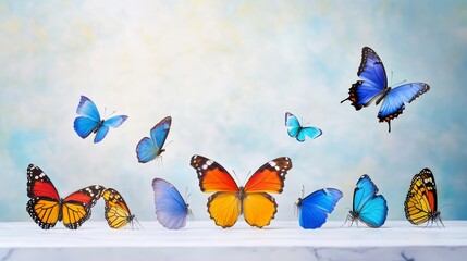Fototapeta premium Colorful Butterflies on White Surface - A collection of vibrant butterflies of various species and colors perched on a white surface against a soft blue background