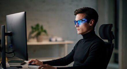 Young man with blue light glasses working at desk on computer