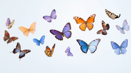 Fototapeta premium Colorful Butterfly Collection - A vibrant collection of butterflies in various colors and positions, perfect for nature, spring, or insect-themed designs