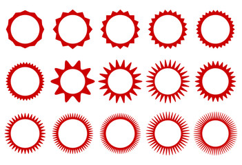 Fototapeta premium Collection of round frames with zigzag edges.Red blank promo stickers set.Circle with wavy edges.Starburst, graphic, shine, stamp, decoration, sunshine, glitter symbol. Vector illustration.