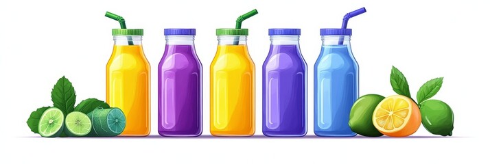 Colorful Fruit Juice Bottles - Five vibrant juice bottles with straws, accompanied by fresh citrus slices and leaves. Perfect for healthy lifestyle, beverage, and summer themes