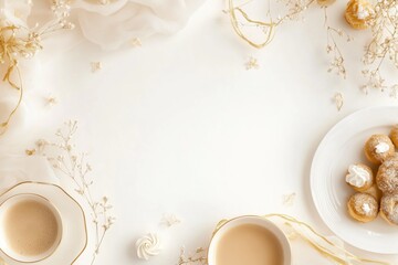 Xícara de café elegante com detalhes dourados, acompanhada de doces e decorações festivas em fundo branco, criada com IA generativa para um visual sofisticado e convidativo