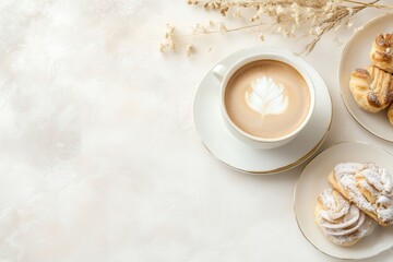 Xícara de café elegante com detalhes dourados, acompanhada de doces e decorações festivas em fundo branco, criada com IA generativa para um visual sofisticado e convidativo