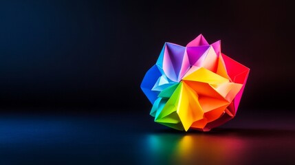 Colorful Origami Sphere Abstract Art - Vibrant rainbow origami sphere on dark background. Abstract art, geometric shapes, colorful paper
