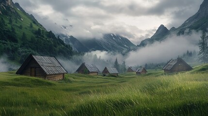 Obraz premium Cabins and grass under clouds