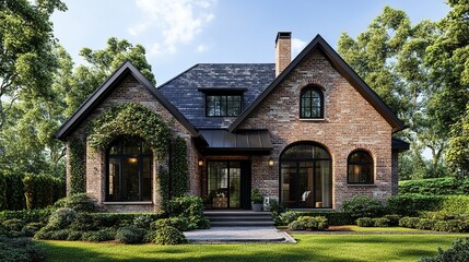 Obraz premium Charming brick house exterior with elegant greenery
